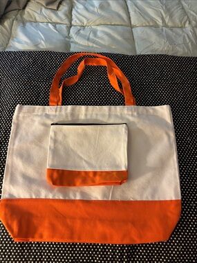 Canvas Two-Tone Orange & White Tote with Matching Pouch